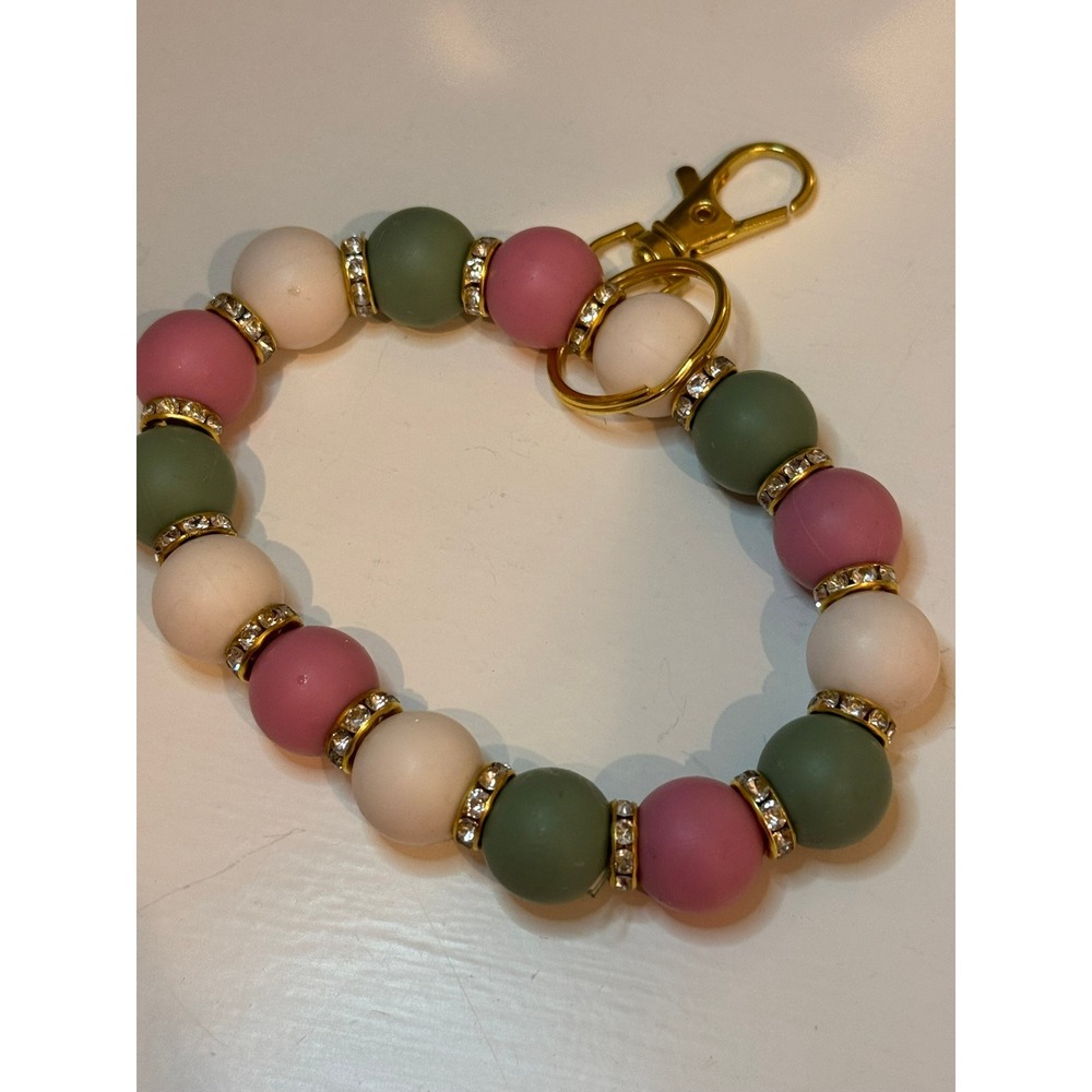 Beaded Wristlet Keychain Gold Crystal Spacers Green Pink Cream Silicone Beads